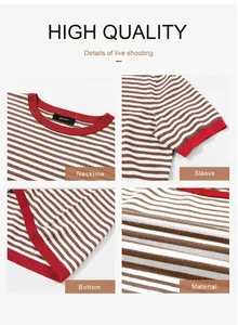 Close-up details of striped knit top showing neckline, sleeve, and soft material texture