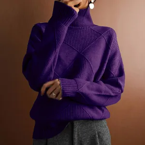 Elegant purple turtleneck knit sweater featuring a stylish rhombus pattern and loose fit design