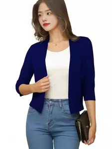 Elegant navy blue short knit cardigan for women, casual open front sweater jacket