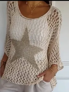 Elegant women's cream round neck crochet knit top featuring a large sequined star