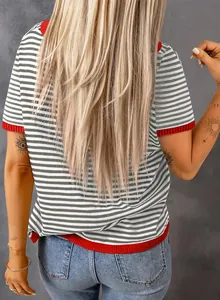 Detailed back view of a grey and white striped knit top with red contrast ribbed trim