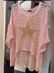 Women's pink mesh knit top with gold star pattern and high-low hem design