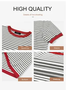 Detail view of striped knit top showing red rib neckline, sleeve, and fabric texture.
