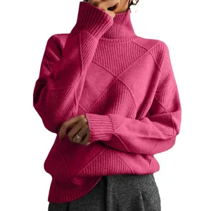 Cozy stylish women's loose fit magenta turtleneck sweater with diamond knit pattern