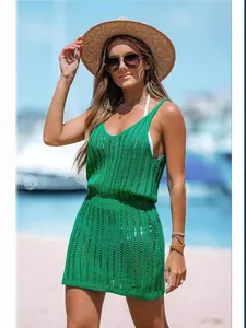 Women Sleeveless Knitted Crochet Mini Dress Hollow Out V Neck Waist Tie Resort Style Polyester Solid Color Sun Dress