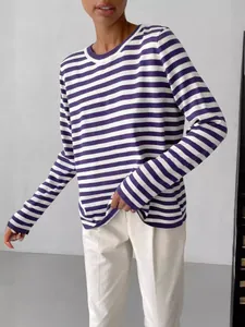 Classic purple and white striped crewneck knit sweater for women's spring style