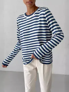Classic blue and white striped round neck knit sweater for women in a casual street style