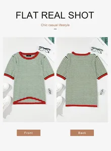 Front and back view of a green striped short-sleeve knit top with red contrast trim