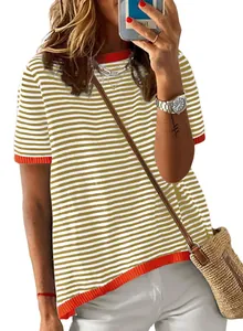 Fashionable striped short sleeve knit top featuring vibrant red contrast ribbed edges