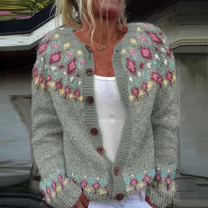 Front view of a gray knitted cardigan with colorful diamond patterns and wooden buttons