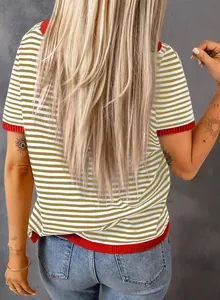 Back view of a striped short sleeve knit top with red contrast trim and drop shoulders