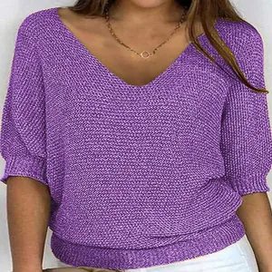 Casual paarse gebreide trui met V-hals en elegante 3/4-mouwen voor dames