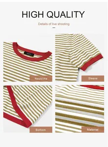 Detailed texture of short sleeve knit sweater with red contrast trim and stripes