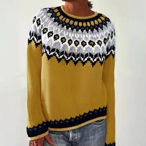 Maglione in maglia classico con motivo Fair Isle nei toni del giallo senape e grigio e girocollo