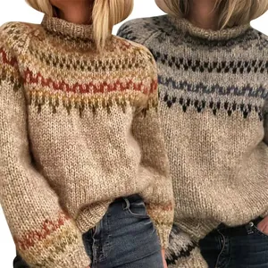 Detail view of women's thick high-neck knit sweaters with colorful geometric patterns