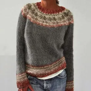 Maglione grigio in maglia da donna con motivo Fair Isle colorato e scollo rotondo