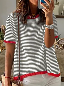 Casual women's grey and white striped knitted short sleeve top featuring red contrast trim