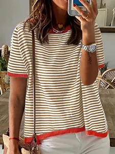 Women's striped short sleeve knit top with red color block trim and drop shoulder