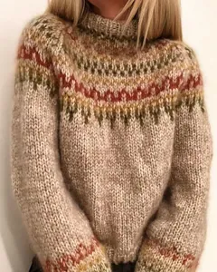 Close-up of knitted fair isle sweater with warm high neck and colorful patterns