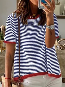 Chic blue and white striped knit short sleeve top with bold red contrast ribbing