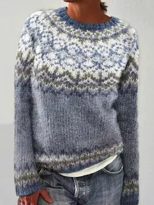 Maglione da Donna in Acrilico con Motivo Geometrico Fair Isle Casual Color Block Girocollo Pullover in Maglia a Manica Lunga