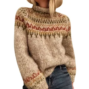 Detailed view of women's chunky knit turtleneck sweater with colorful Fair Isle pattern