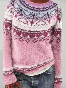 Elegante maglione in maglia jacquard rosa da donna con girocollo e vestibilità ampia comoda