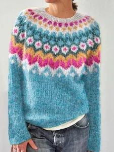 Maglione da donna in maglia con scollo rotondo e motivo Fair Isle colorato