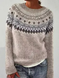 Elegante maglione da donna in maglia con girocollo e motivo Fair Isle in tonalità beige