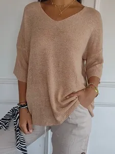 Eleganter lässiger Damen V-Ausschnitt Strickpullover mit 3/4 Ärmeln in Beige Farbe