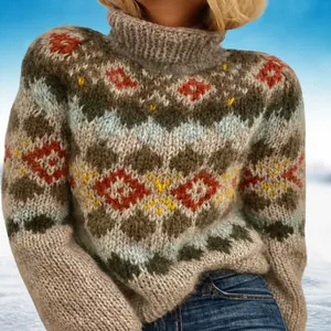 Close-up of a high-neck patterned chunky knit sweater with Nordic geometric design