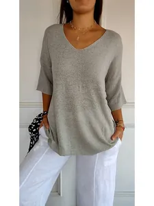 Lässiger grauer V-Ausschnitt Strickpullover für Damen mit modischen Dreiviertelärmeln