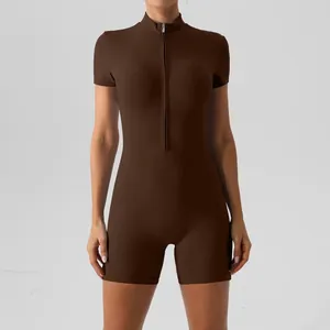 Women's Naked Feel Yoga Jumpsuit Short Sleeve Half Zipper Slim Fit Workout Unitard Athletic Short Romper One Piece Bodysuit