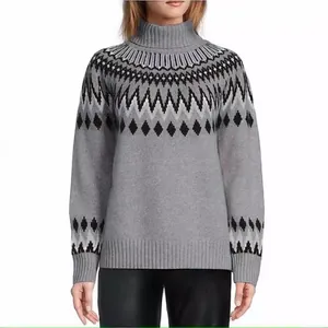 Women's grey turtleneck sweater with Nordic Fair Isle pattern in knitted fabric