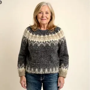 Detailed view of women's vintage Fair Isle pattern knit sweater on a mature model