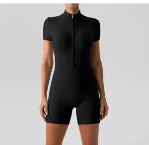 Slim fit black short-sleeved yoga bodysuit with a high-neck half-zipper design for women