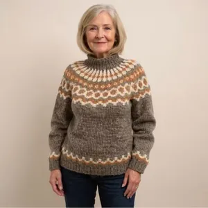 Classic Fair Isle patterned turtleneck sweater with warm brown and beige knit details