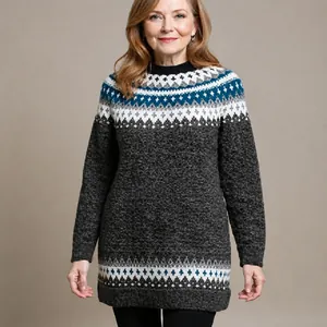 Detail showing the intricate Fair Isle geometric pattern on this grey knitted tunic