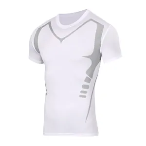 Herren weißes schnelltrocknendes Kompressions-Sport-T-Shirt mit grauen Mustern