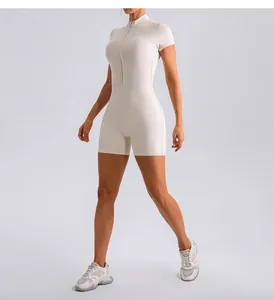 Detailed view of women's naked-feel slim-fit yoga bodysuit with half-zip and short sleeves