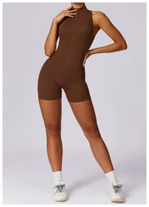 Full view detail of a sleek brown zip-front athletic romper for yoga and gym activities