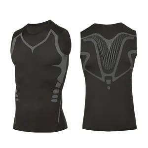 Front and back views of a black men's compression tank top with grey breathable details