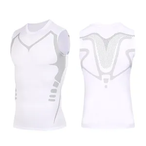 Front and back view of white quick-dry compression tank top for men's fitness training