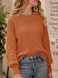 Women's Fashion Commute Solid Color Lantern Sleeve Knit Sweater Autumn Winter Round Neck Pullover Textured Long Sleeve Top