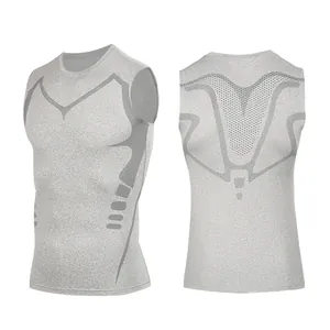 Men's gray compression tank top with breathable mesh, front and back view details