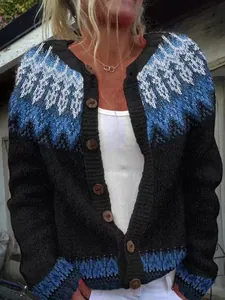 Close-up view of a women's color block knitted cardigan featuring vintage wooden buttons