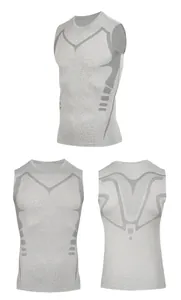Vues détaillées montrant l'avant et l'arrière d'un débardeur de sport gris compressif.