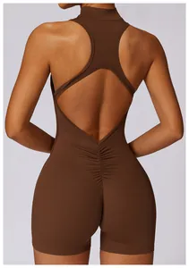 Detailed back view of a brown quick-dry yoga jumpsuit featuring racerback and ruching