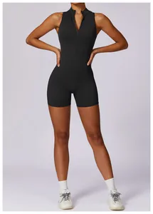 Front view of black sleeveless athletic romper with a zipper and high-waisted shorts