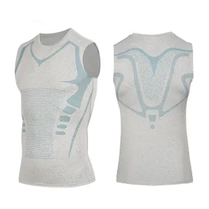 Detail view of front and back designs on grey sleeveless athletic compression vest